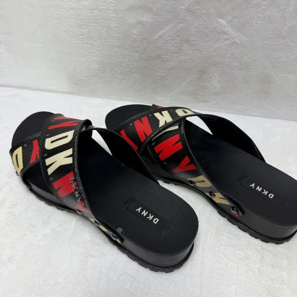 DKNY Womens Platform Slide Sandals Black Red White Crisscross Straps Studded